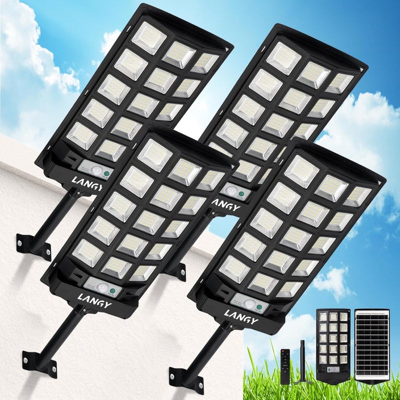 LANGY Solar Street Lights Outdoor Waterproof 4pcs, 6500K 60000LM Wide Angle Solar Powered Flood Lights with Motion Sensor & Remote Control, Dusk to Dawn Commercial Solar Outdoor Lights for Parking - Image 1